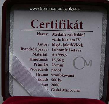 pamětní zlatá medaile - Zakládání vinic Karlem IV. PROOF - detail